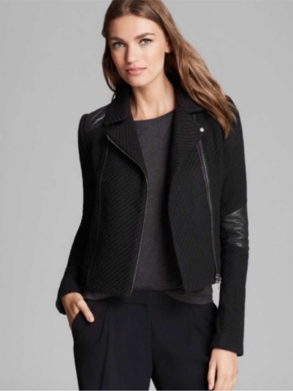 Vince Black Quilted Knit Moto Jacket with Leather Trim